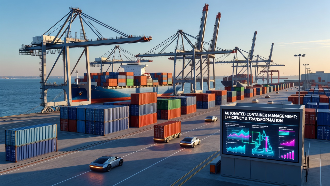 IoT sensors and digital dashboards monitoring container movements inside a busy seaport yard